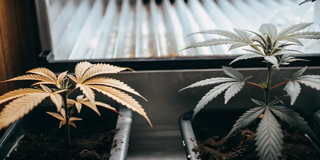 Hyper-realistic close-up of two young cannabis seedlings in pots, one with light green leaves and the other with darker leaves, by a window.