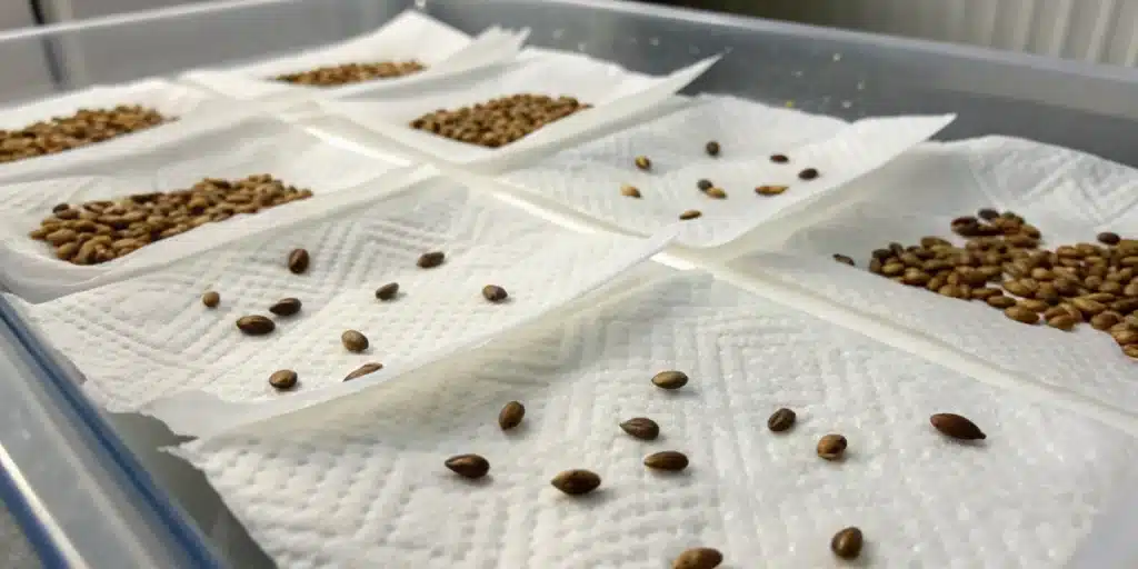 A step-by-step depiction of the seed germination process using the paper towel method, showcasing seeds in a moist, controlled environment.