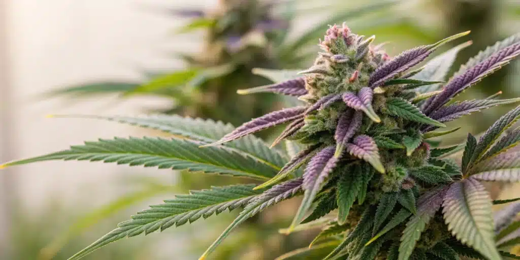 A detailed close-up of mature Cap Junky buds, highlighting vibrant green and purple hues with sparkling trichomes against a soft-focus background.