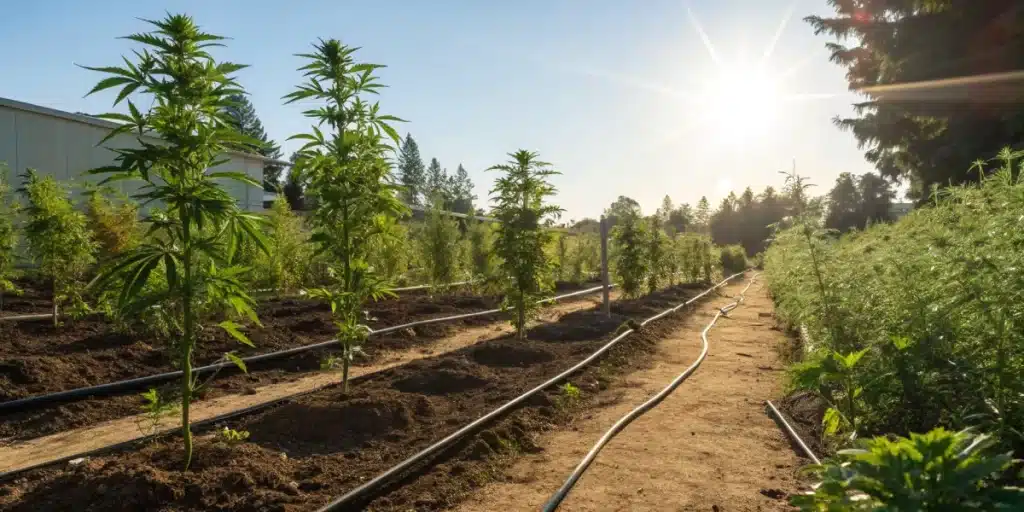 An outdoor garden scene showing Cap Junky plants under a bright, south-facing sun, with clear drip irrigation and well-prepared soil.