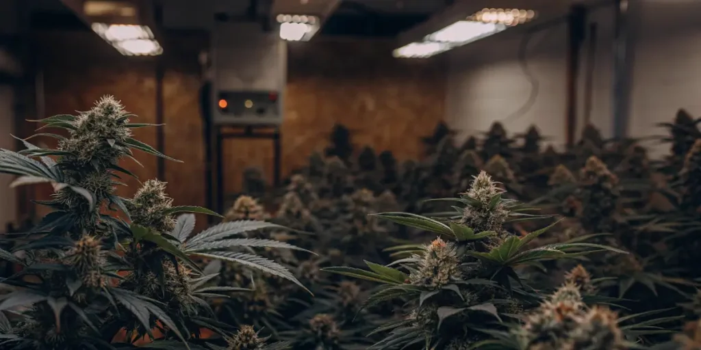 Hyper-realistic indoor cultivation scene with rows of thriving plants, featuring visible buds and leaves, under a fan and bright lights.