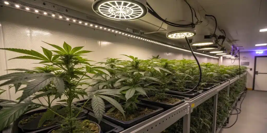 Indoor grow room setup featuring Dark Devil Autoflower plants under LED lights with proper ventilation.