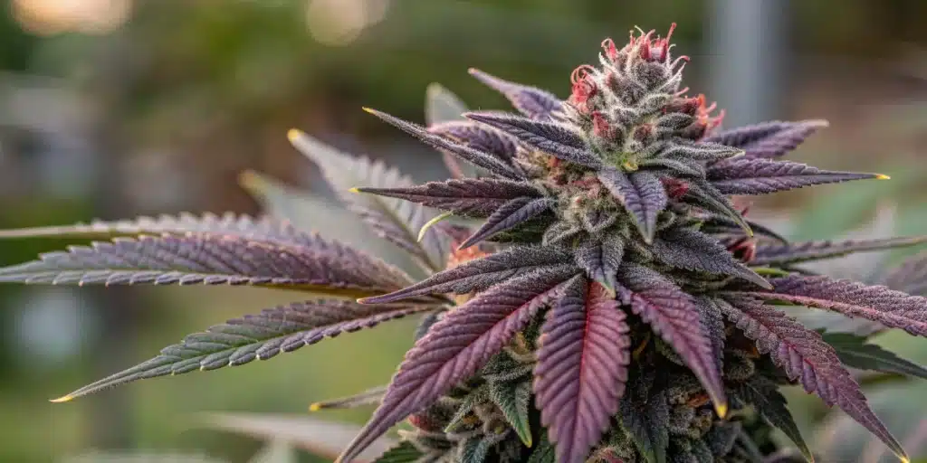 Close-up view of Dark Devil Autoflower buds with dark, sparkling trichomes.