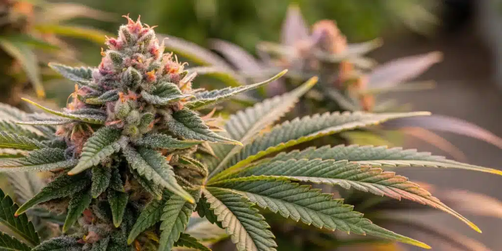 Close-up of Forbidden Runtz Autoflower buds with dense trichomes and vivid hues.