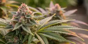 Close-up of Forbidden Runtz Autoflower buds with dense trichomes and vivid hues.