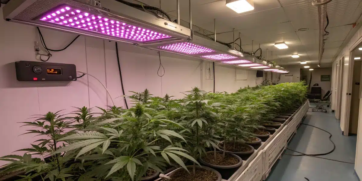 Indoor grow room with Forbidden Runtz Autoflower plants under LED lighting and organized nutrient systems.