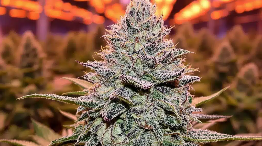 Close-up of a Forbidden Fruit Autoflower cannabis cola covered in frosty trichomes under warm lighting.