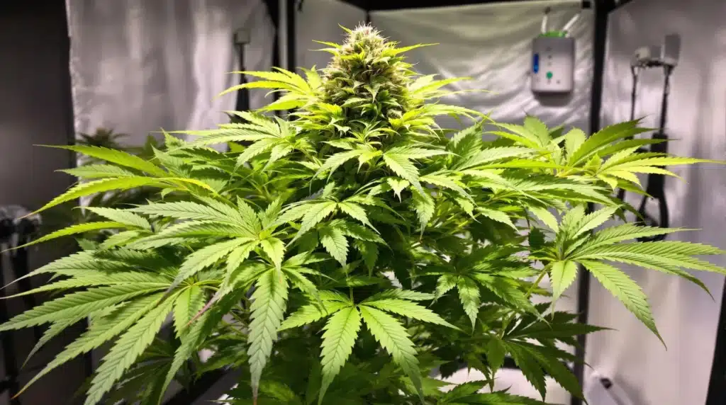 Forbidden Fruit Autoflower cannabis plant with lush green leaves growing indoors.