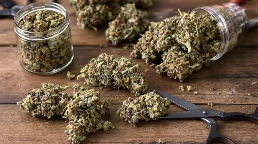 Glass jar with Forbidden Fruit Autoflower buds and loose cannabis nuggets on a wooden table.