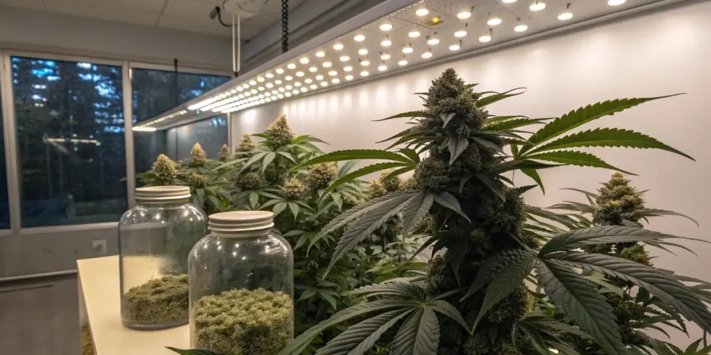 Hyper-realistic image of two prominent cannabis buds with golden-brown hues and visible trichomes, bathed in warm light.