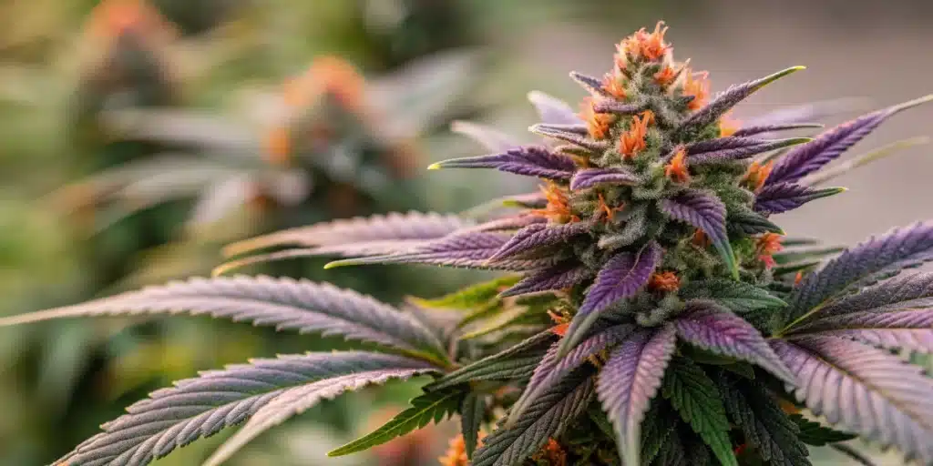 A vibrant close-up of Gorilla Punch Autoflower buds showcasing dense trichomes, deep green and purple hues, and fiery orange pistils in stunning detail.