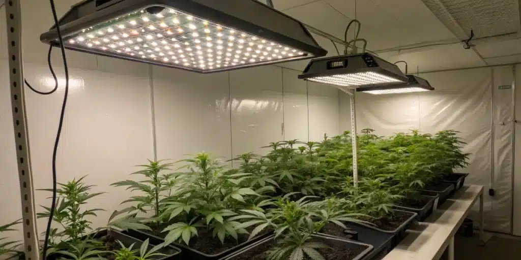 An indoor grow room setup featuring Gorilla Punch Autoflower plants under full-spectrum LED lights, with proper ventilation and organized cultivation equipment.