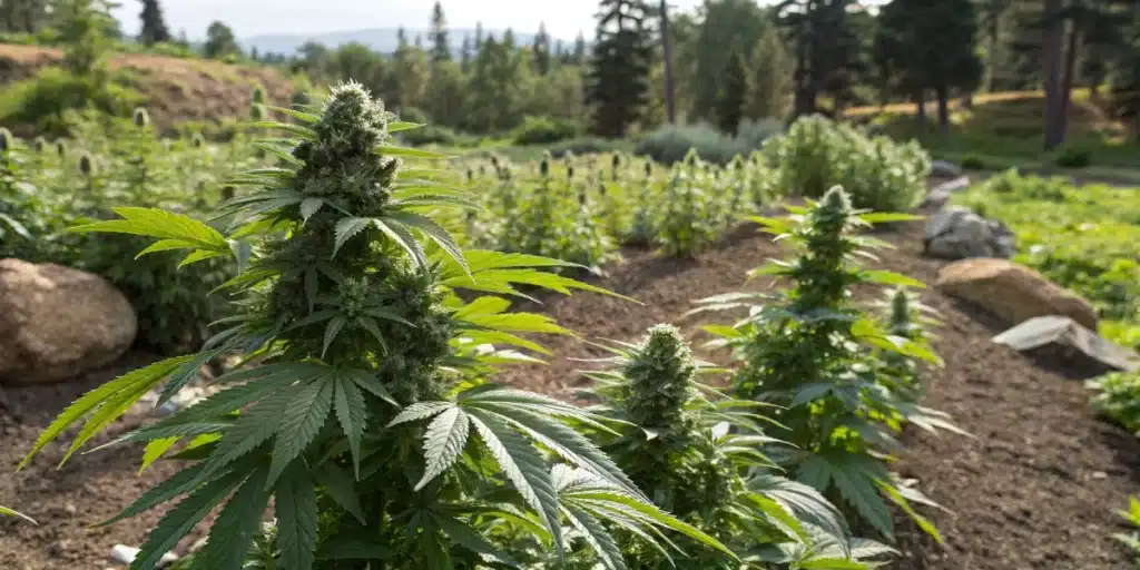 A dynamic outdoor garden scene displaying thriving Gorilla Punch Autoflower plants in nutrient-rich, well-draining soil under direct sunlight.