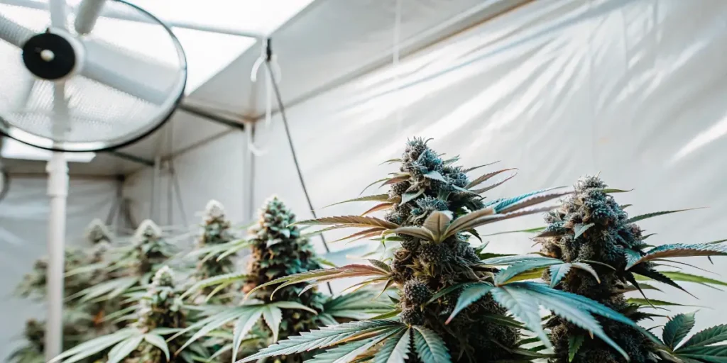 Hyper-realistic close-up of two prominent plant buds with orange and green leaves, brightly lit by overhead circular grow lights in an indoor setting.