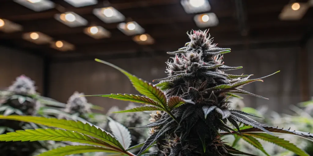 Hyper-realistic cannabis plant of a hybrid strain with dense, dark-toned buds and leaves, under dim, warm indoor grow lights.