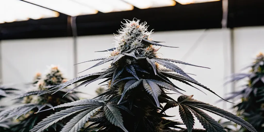 Hyper-realistic cannabis plant of a hybrid strain with dense, frosty buds and dark leaves, under bright overhead lights in an indoor grow room.