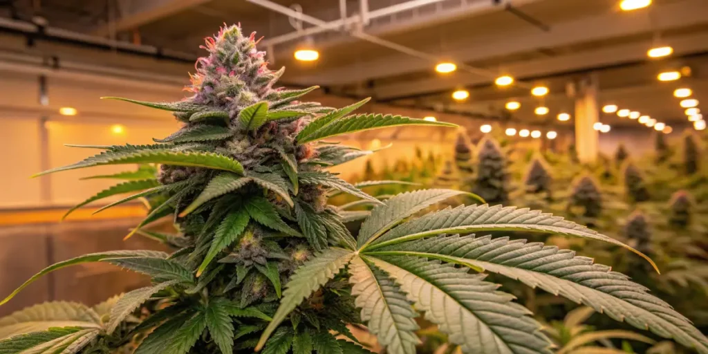 Hyper-realistic cannabis plant of a hybrid strain with prominent purple buds and green leaves, under warm indoor grow lights.