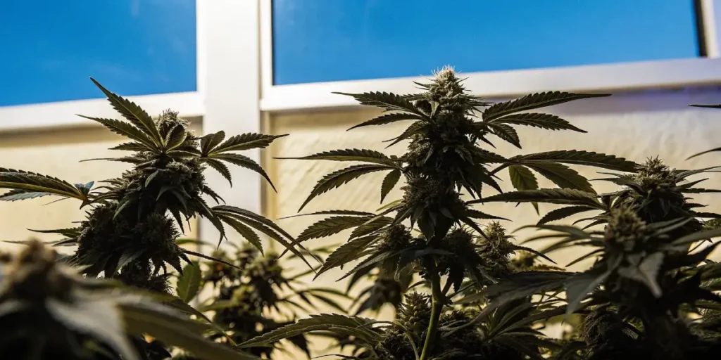 Hyper-realistic image of robust cannabis plants silhouetted against a bright blue sky and white greenhouse structure.