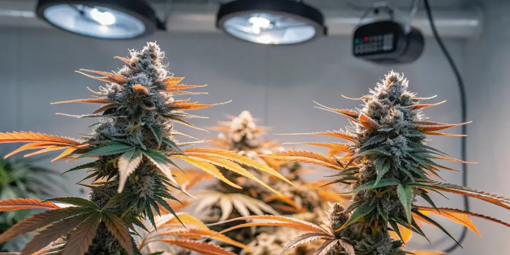 Hyper-realistic indoor cultivation scene with numerous plants featuring large, textured buds and leaves, under warm overhead lighting.