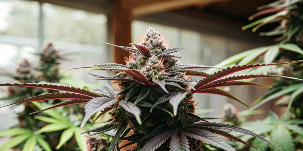 Hyper-realistic close-up of a vibrant plant with prominent reddish-purple buds and leaves in an indoor growing environment.