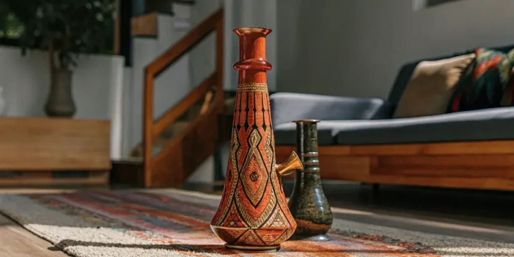 Hyper-realistic composition: an ornate, tall, red and gold bong standing on a patterned rug in a modern living room, with another bong and a sofa in the background.