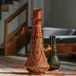Hyper-realistic composition: an ornate, tall, red and gold bong standing on a patterned rug in a modern living room, with another bong and a sofa in the background.