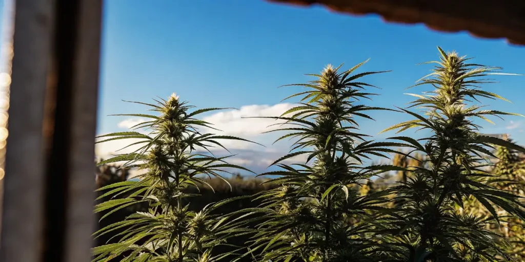 Three tall cannabis plants with buds against a bright blue sky with a white cloud.