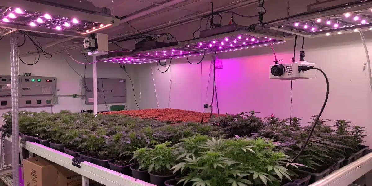 Indoor grow room featuring RS11 x Candy Rain plants under LED lighting with nutrient systems and environmental controls.