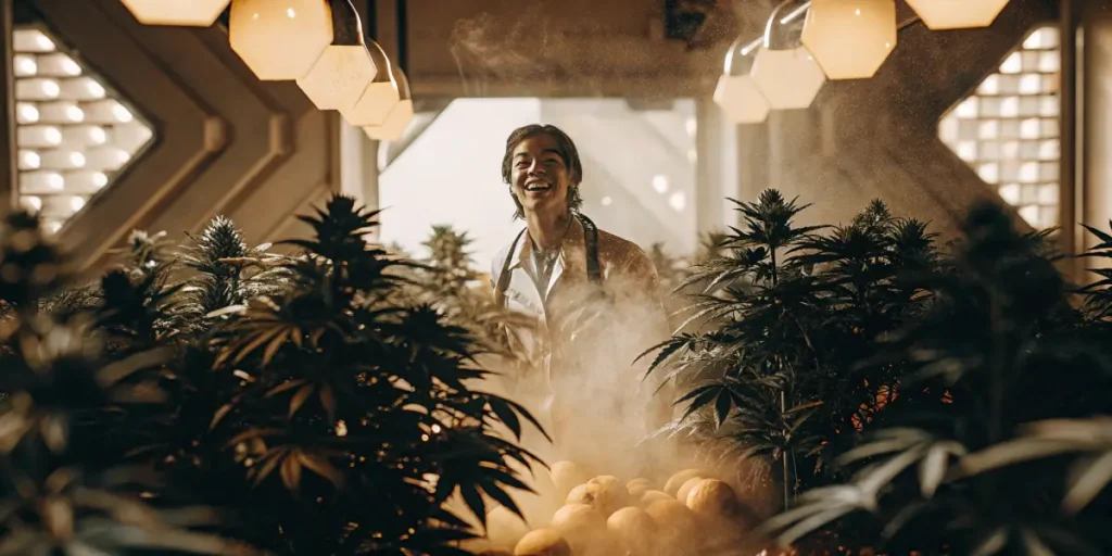 Smiling person in white coat by potted plants, with sun rays and water droplets in urban greenhouse.