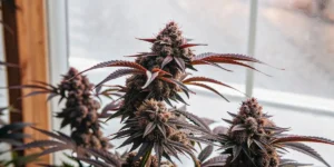 Hyper-realistic close-up of a plant bud with reddish hues and vibrant green leaves, surrounded by blurred foliage.