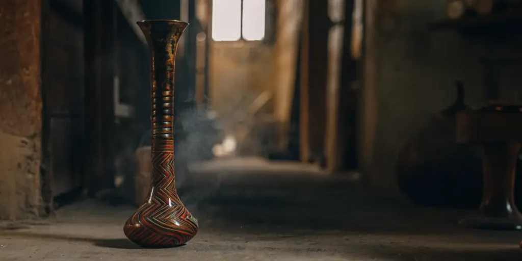 Hyper-realistic composition: a tall, patterned bong emitting smoke in a dimly lit, rustic interior.