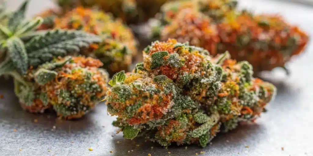 Close-up of Santa Marta Haze Autoflower buds with vivid colors and resinous trichomes.