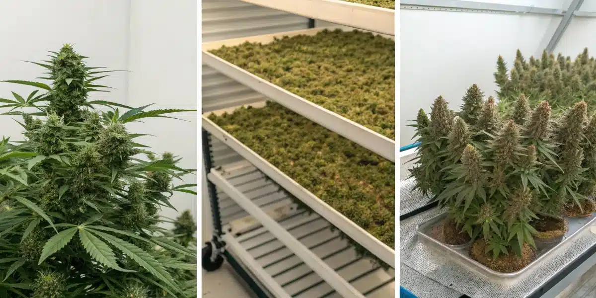 Visual guide showing the drying and curing process of Santa Marta Haze Autoflower buds in a controlled environment.