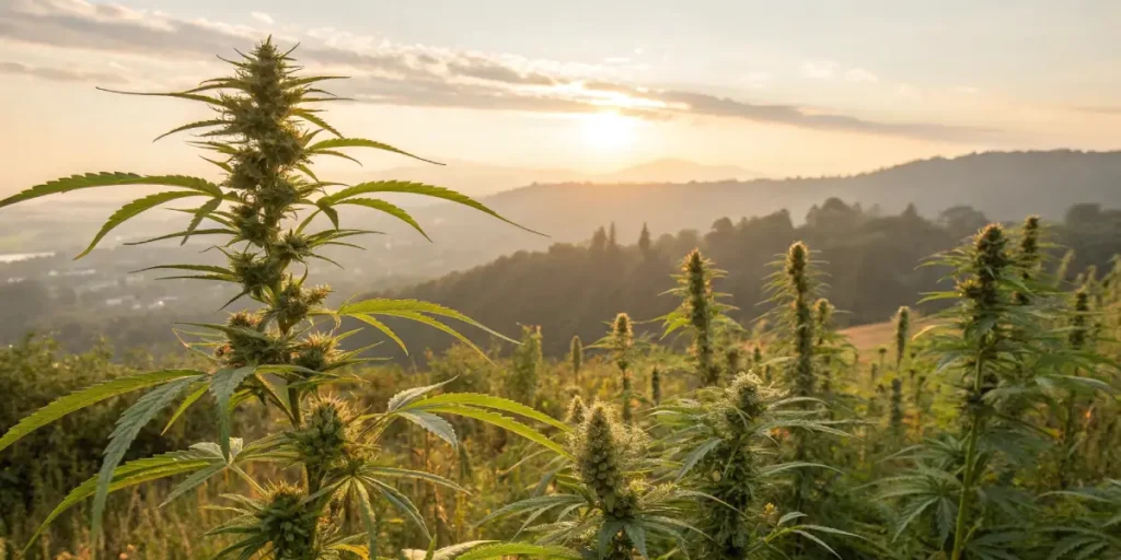 Tall, vibrant Sativa cannabis plants in a field with rolling hills and a sunset in the background.