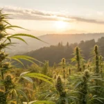 Tall, vibrant Sativa cannabis plants in a field with rolling hills and a sunset in the background.