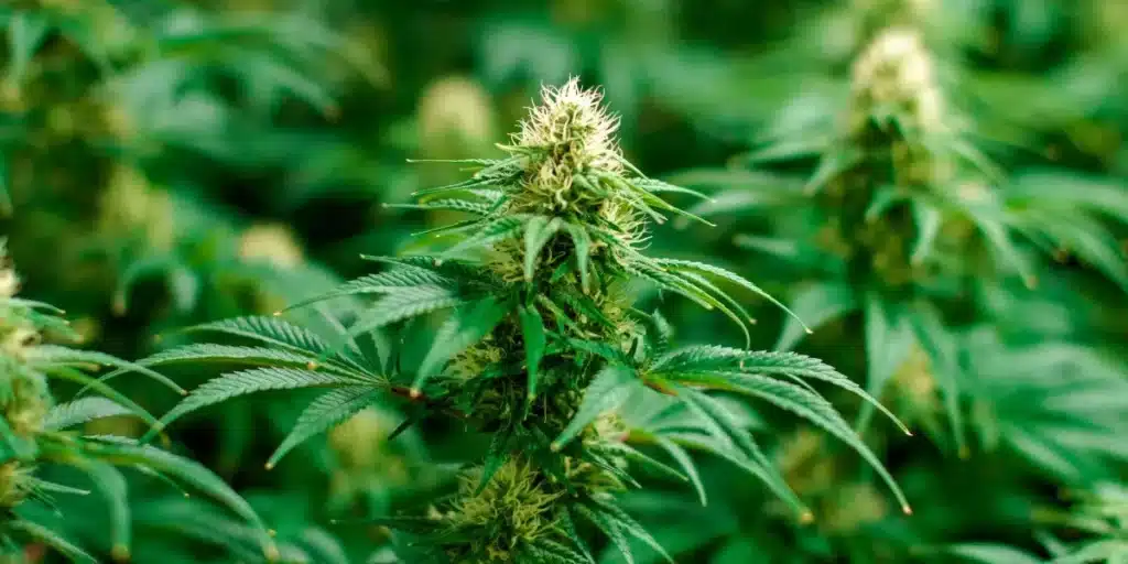 A single cannabis leaf with fresh dew drops adorning its surface