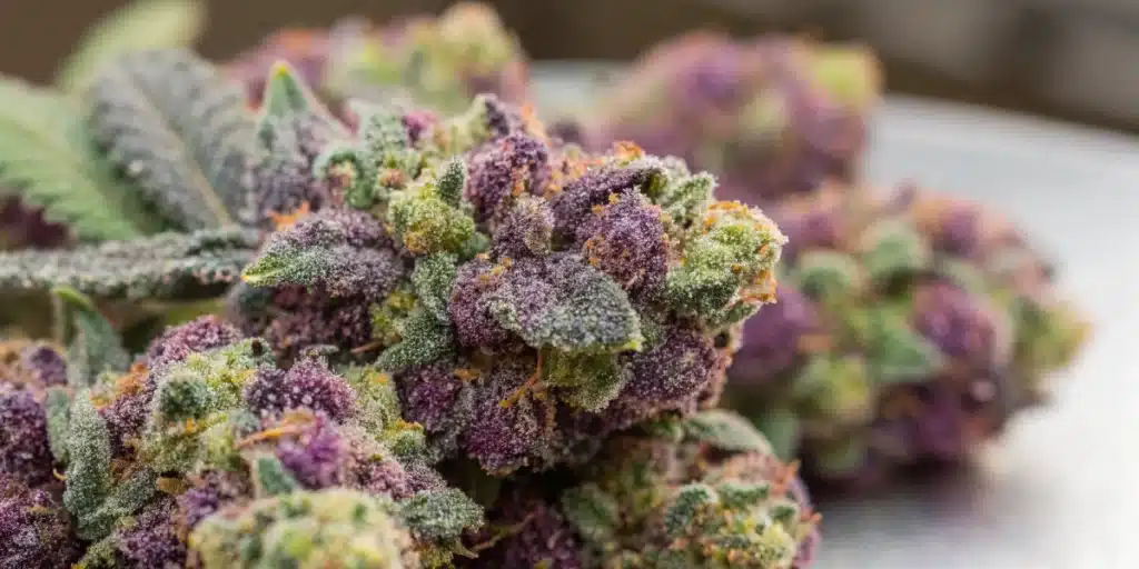 Close-up view of White Truffle Weed buds with frosty trichomes in vibrant purples and greens.