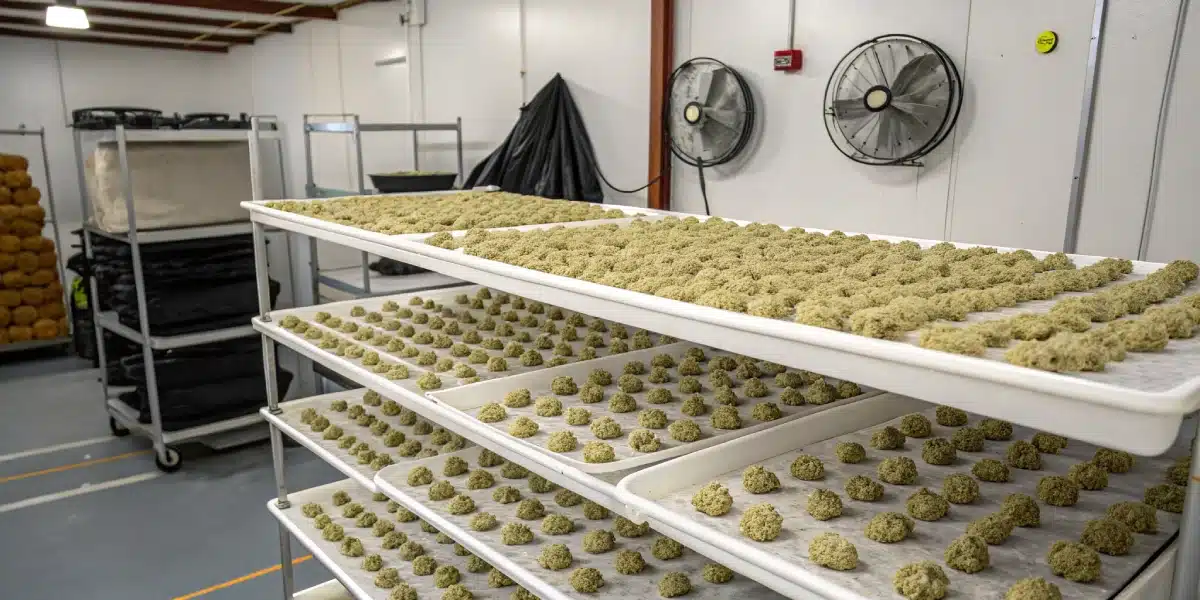 Curing room with White Truffle buds drying in controlled conditions, emphasizing quality and care in the process.