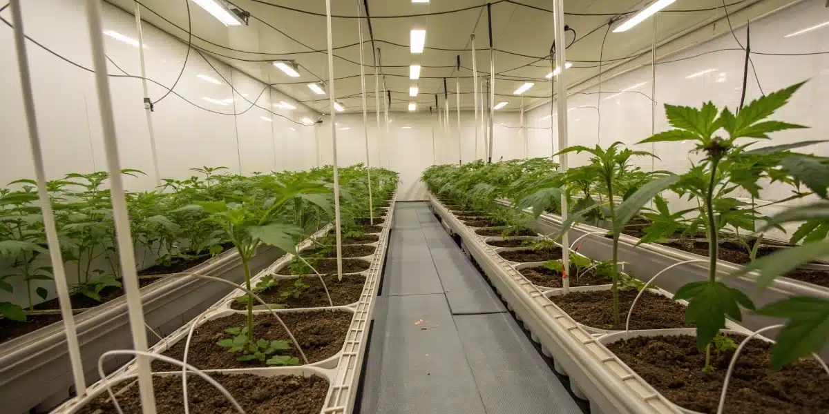 Indoor grow room with White Truffle Weed plants under LED lighting, showing proper ventilation and nutrient setup.