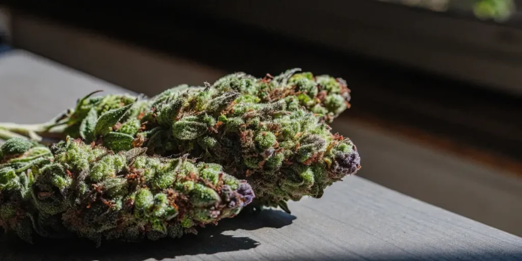 Animal Cookies strain buds with purple and green colors in sunlight