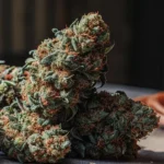 Animal Cookies weed buds with dense trichomes and orange pistils