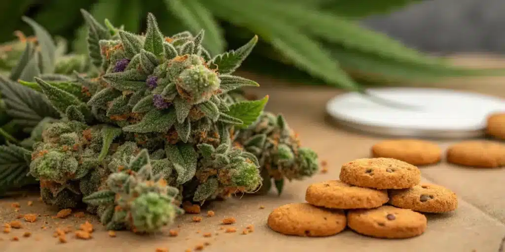 Close-up of Animal Cookies cannabis buds surrounded by cookie crumbs
