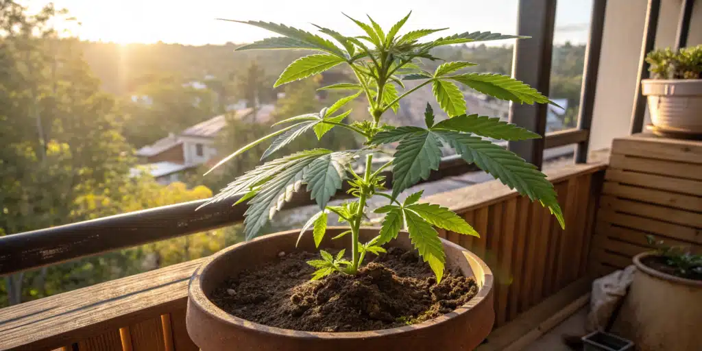 A potted cannabis plant on a wooden balcony, illuminated by golden sunlight with a scenic natural background.
