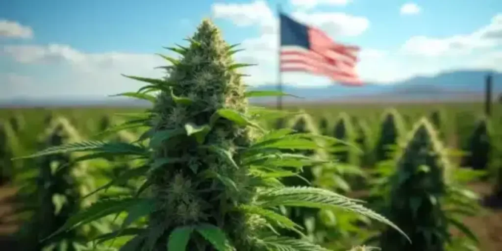 Cannabis plant thriving in an outdoor Michigan field with a USA flag in the background