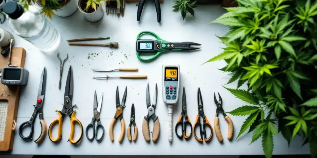 A variety of cannabis trimming scissors and measuring tools arranged on a grower's workbench with cannabis leaves.