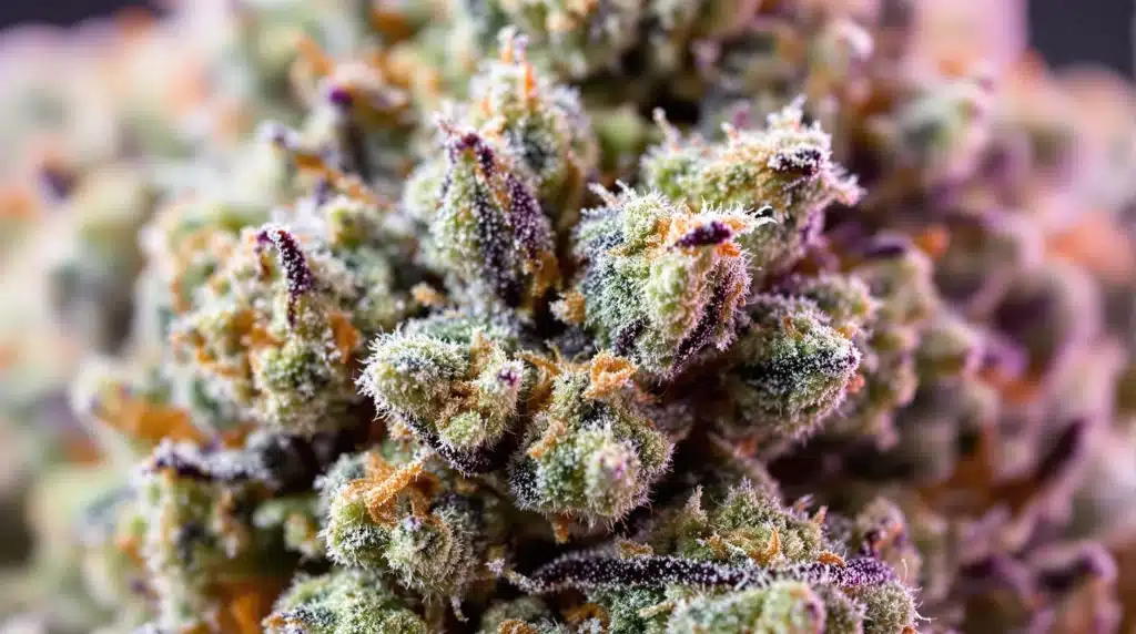 Close-up of frosty cannabis buds with orange and purple details.