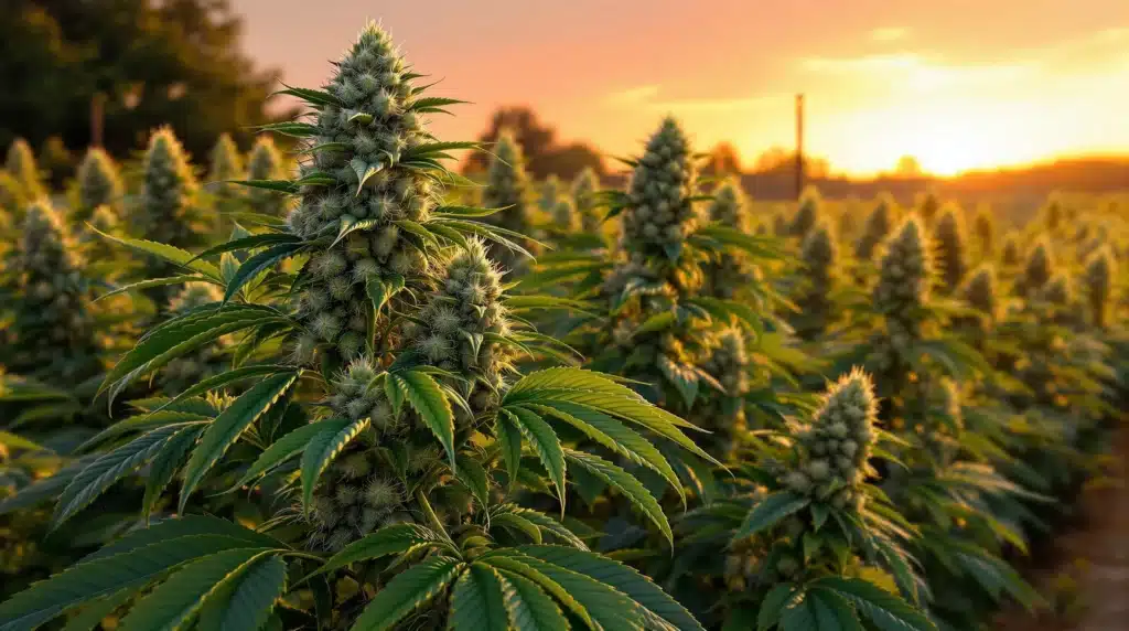Cannabis plants with full green buds in a field at sunset.