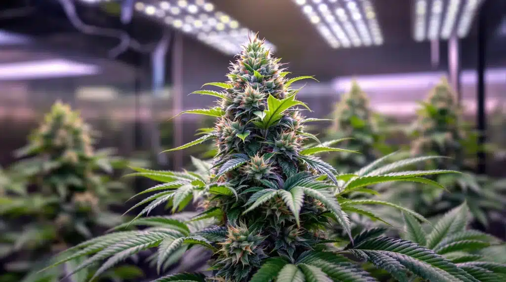 Close-up of a cannabis bud with lush red and green leaves in a professional indoor growing environment.