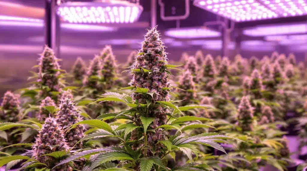 Row of cannabis plants with dense buds under bright pink LED grow lights.