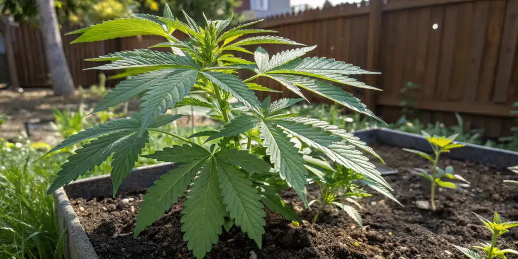 A healthy cannabis plant in a raised garden bed, surrounded by young sprouts and greenery in an outdoor setting.